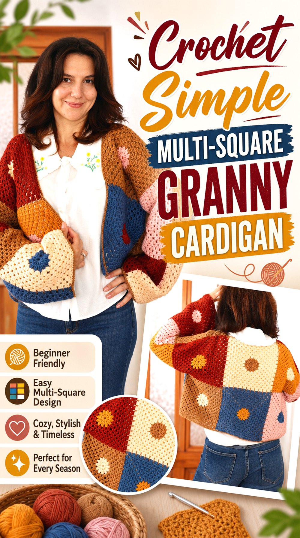 Crochet Simple Multi Square Granny Cardigan