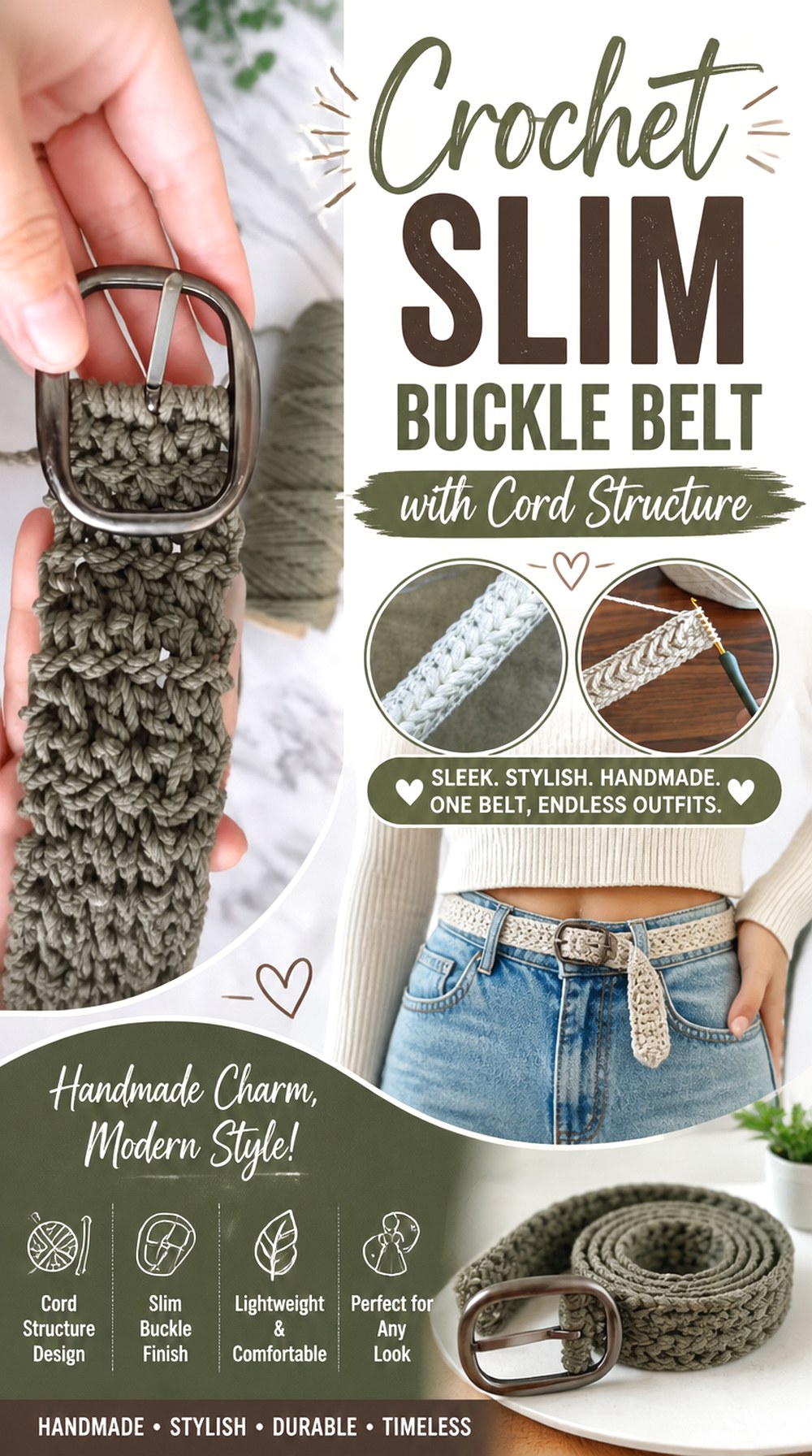 Crochet Slim Buckle Belt with Cord Structure