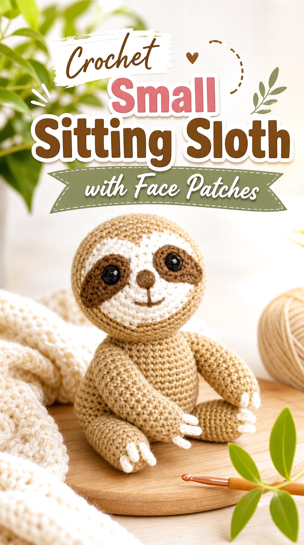 Crochet Small Sitting Sloth with Face Patches
