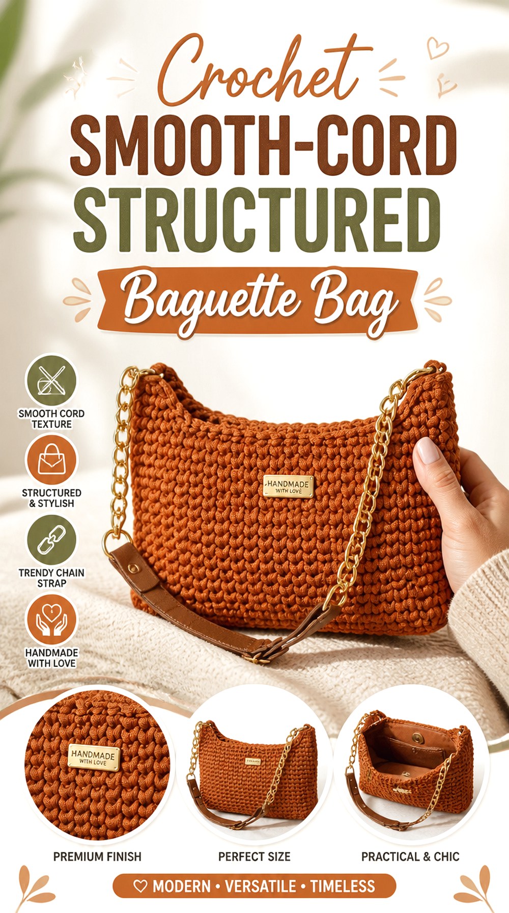 Crochet Smooth Cord Structured Baguette Bag