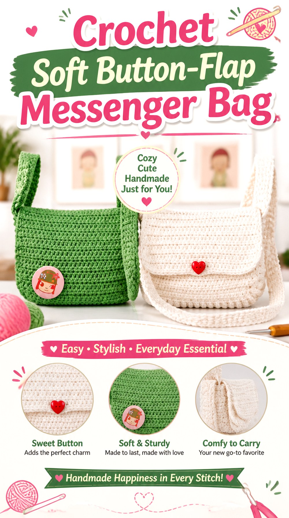 Crochet Soft Button Flap Messenger Bag