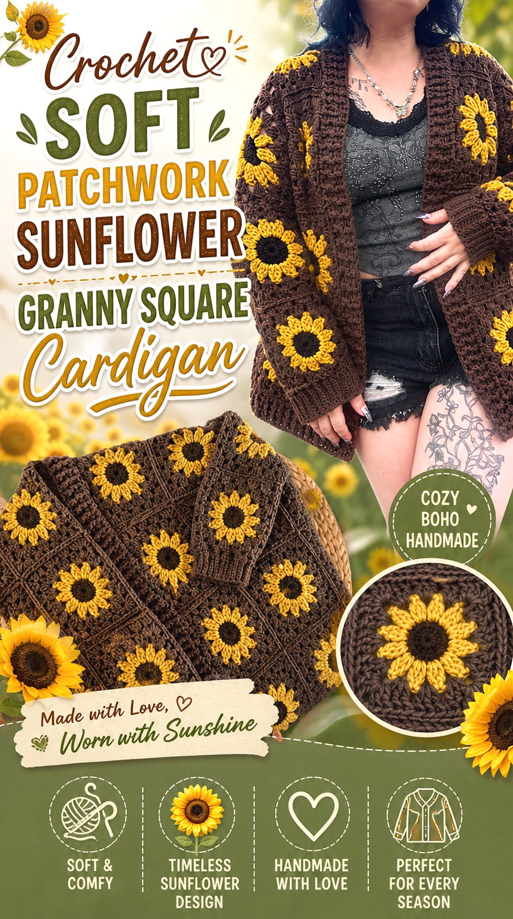 Crochet Soft Patchwork Sunflower Granny Square Cardigan
