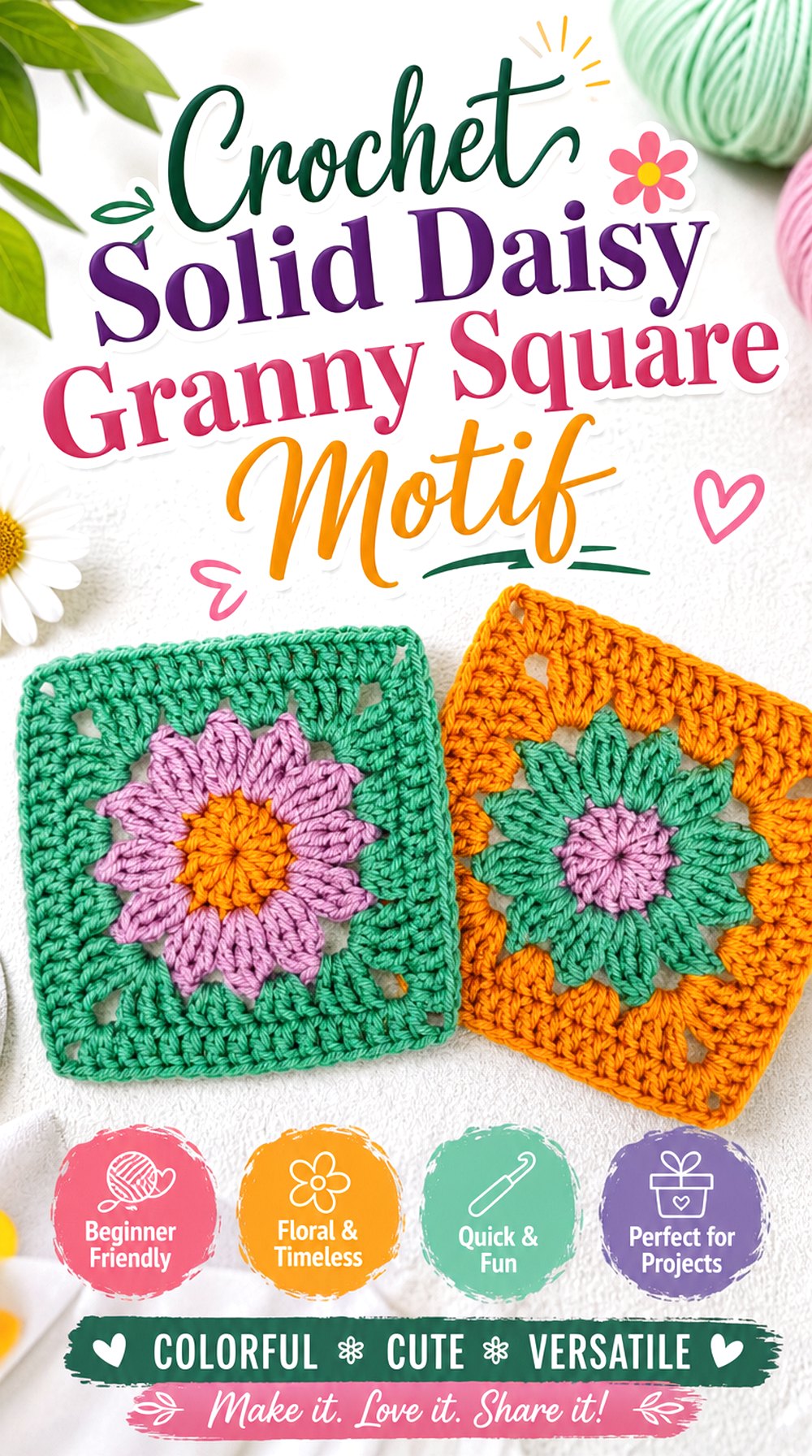 Crochet Solid Daisy Granny Square Motif