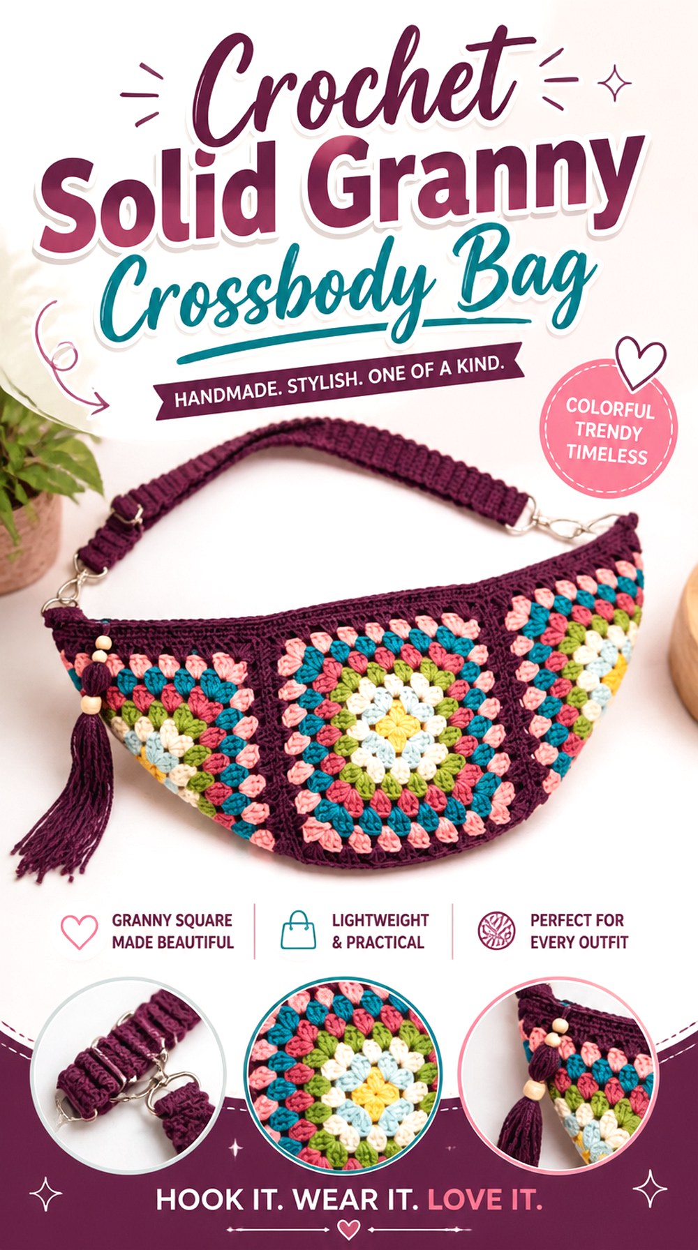 Crochet Solid Granny Crossbody Bag