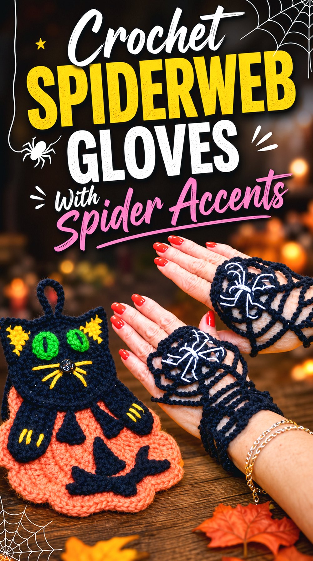 Crochet Spiderweb Gloves With Spider Accents