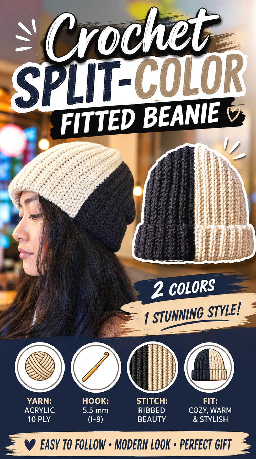 Crochet Split Color Fitted Beanie