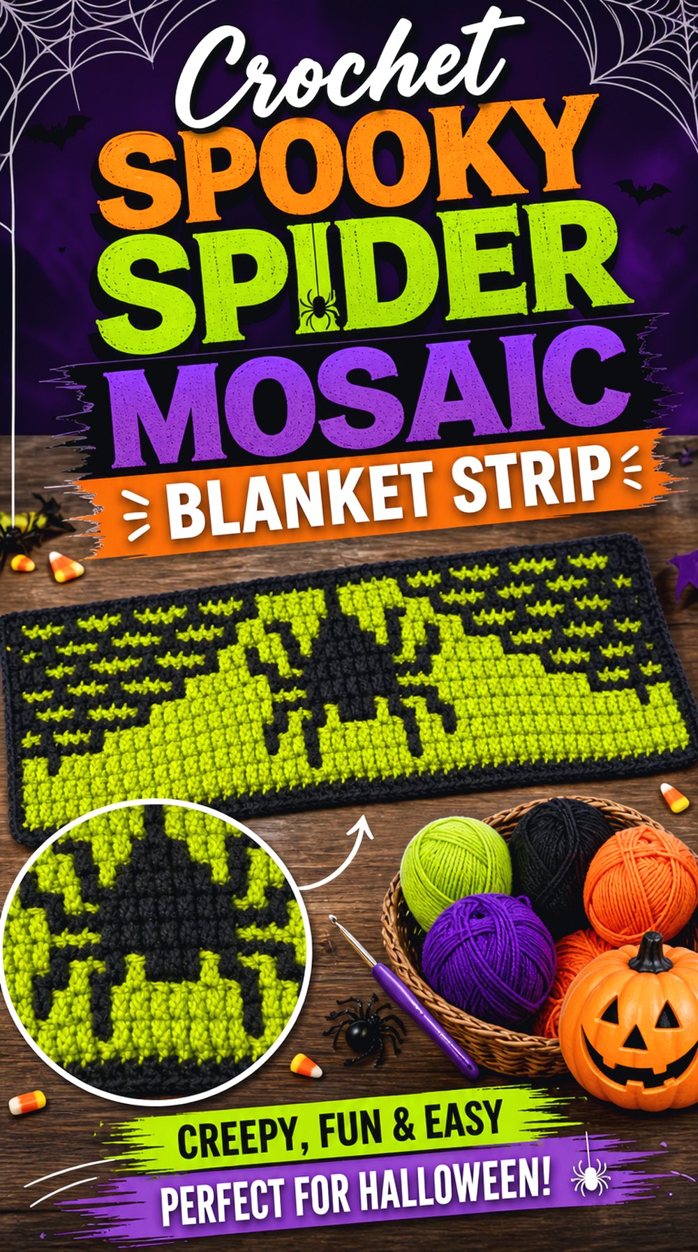 Crochet Spooky Spider Mosaic Blanket Strip
