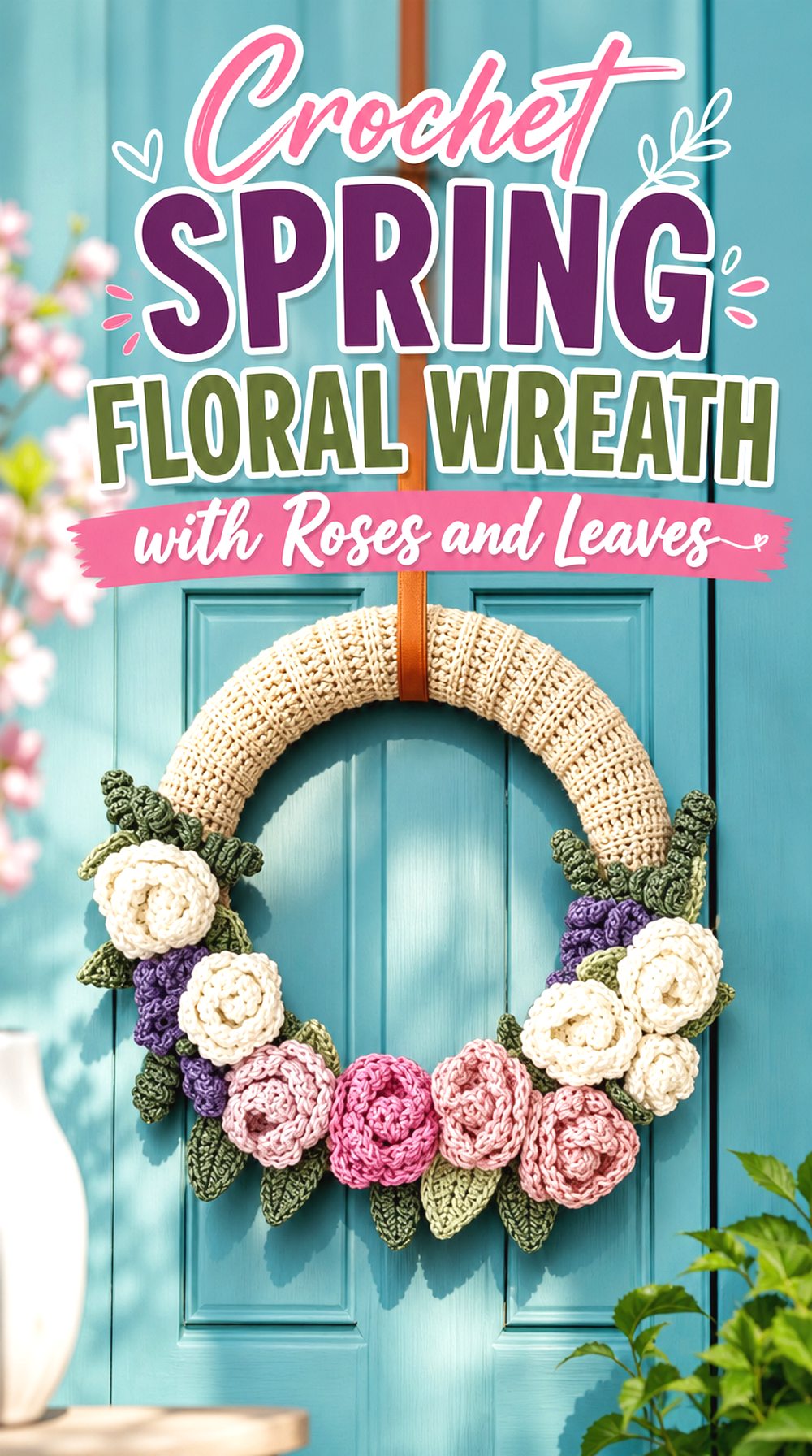 Crochet Spring Floral Wreath with Roses and Leaves