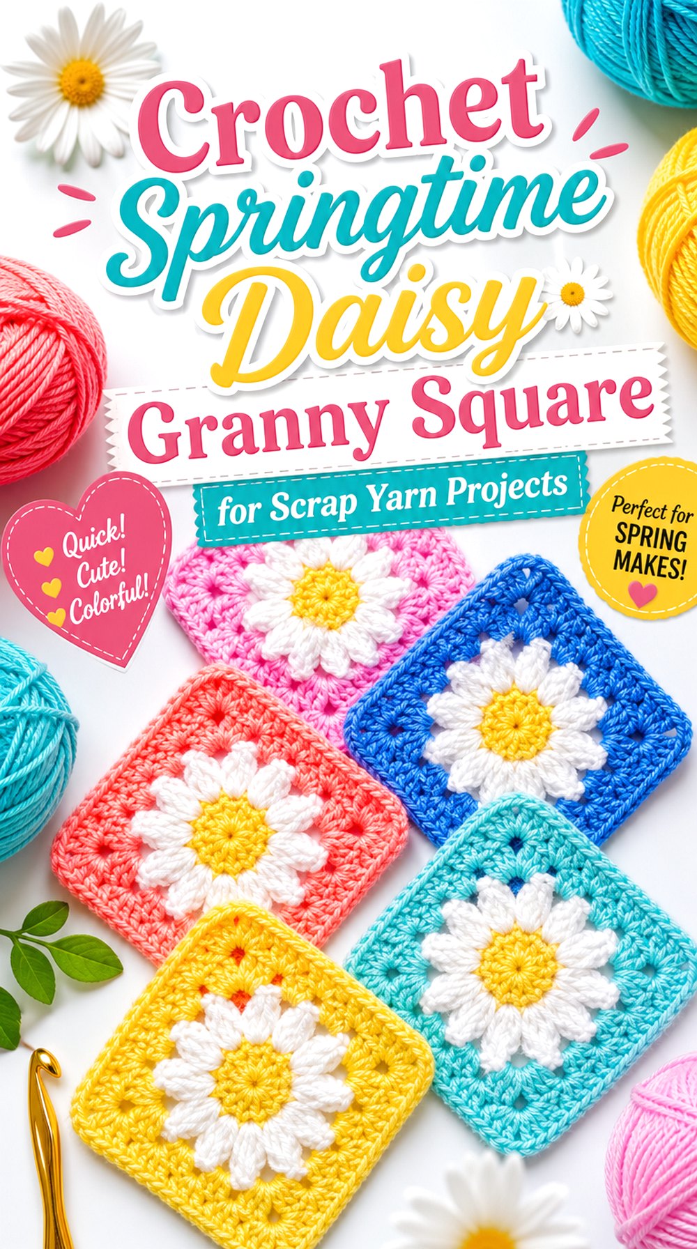 Crochet Springtime Daisy Granny Square for Scrap Yarn Projects