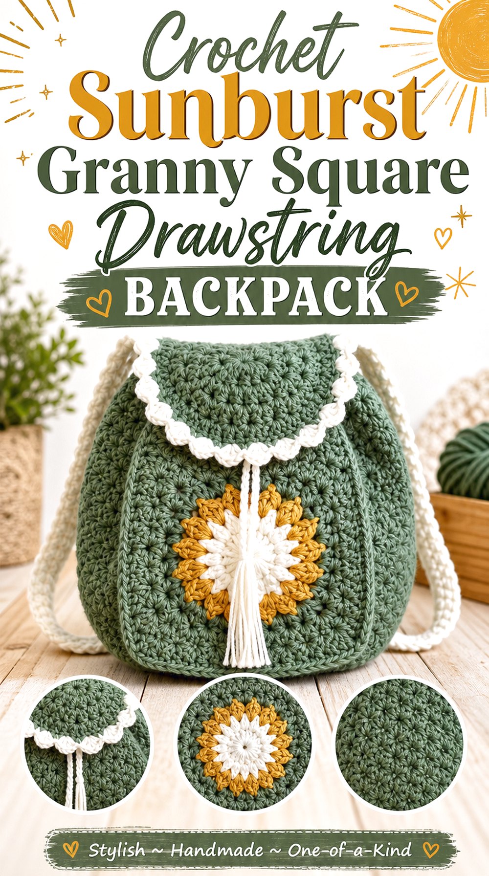 Crochet Sunburst Granny Square Drawstring Backpack