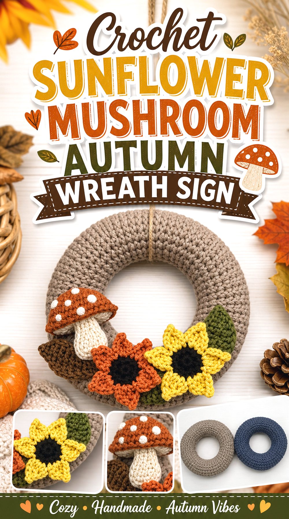 Crochet Sunflower Mushroom Autumn Wreath Sign