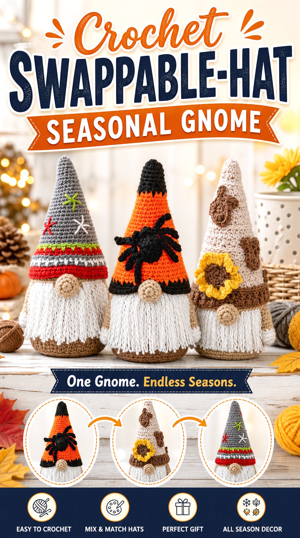 Crochet Swappable Hat Seasonal Gnome