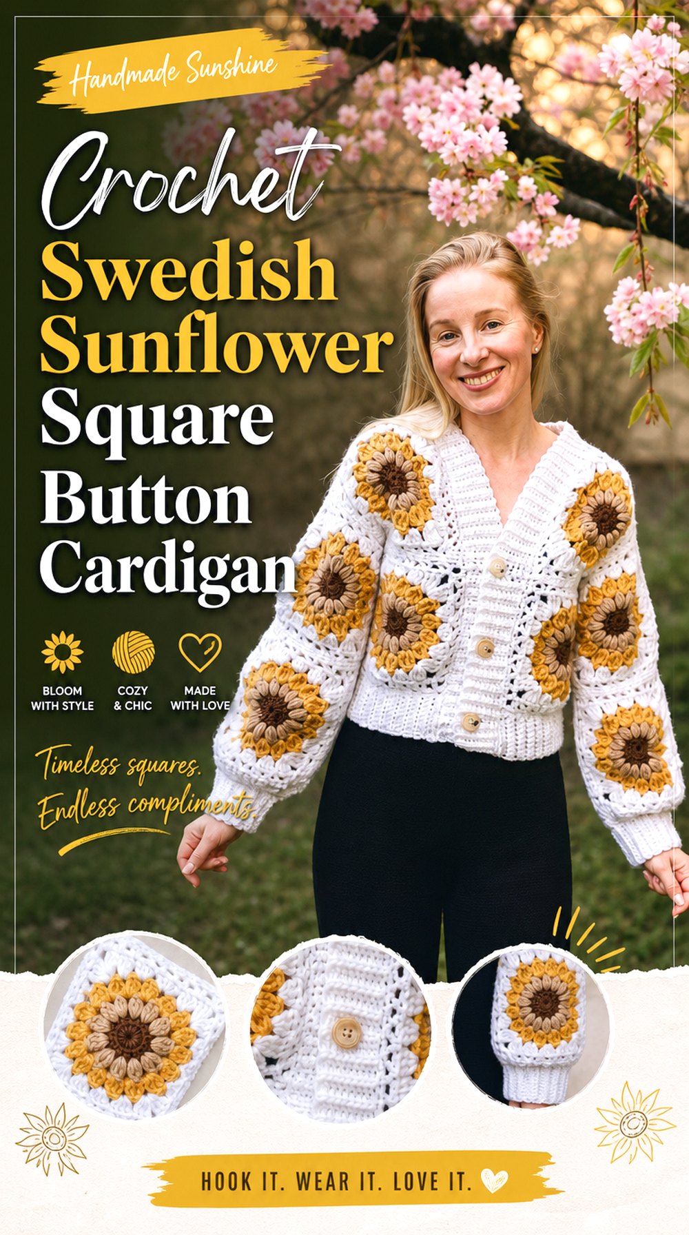 Crochet Swedish Sunflower Square Button Cardigan