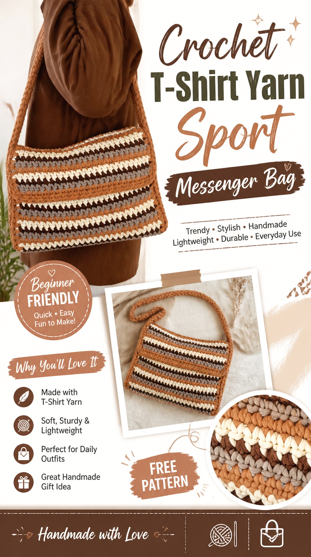 Crochet T Shirt Yarn Sport Messenger Bag