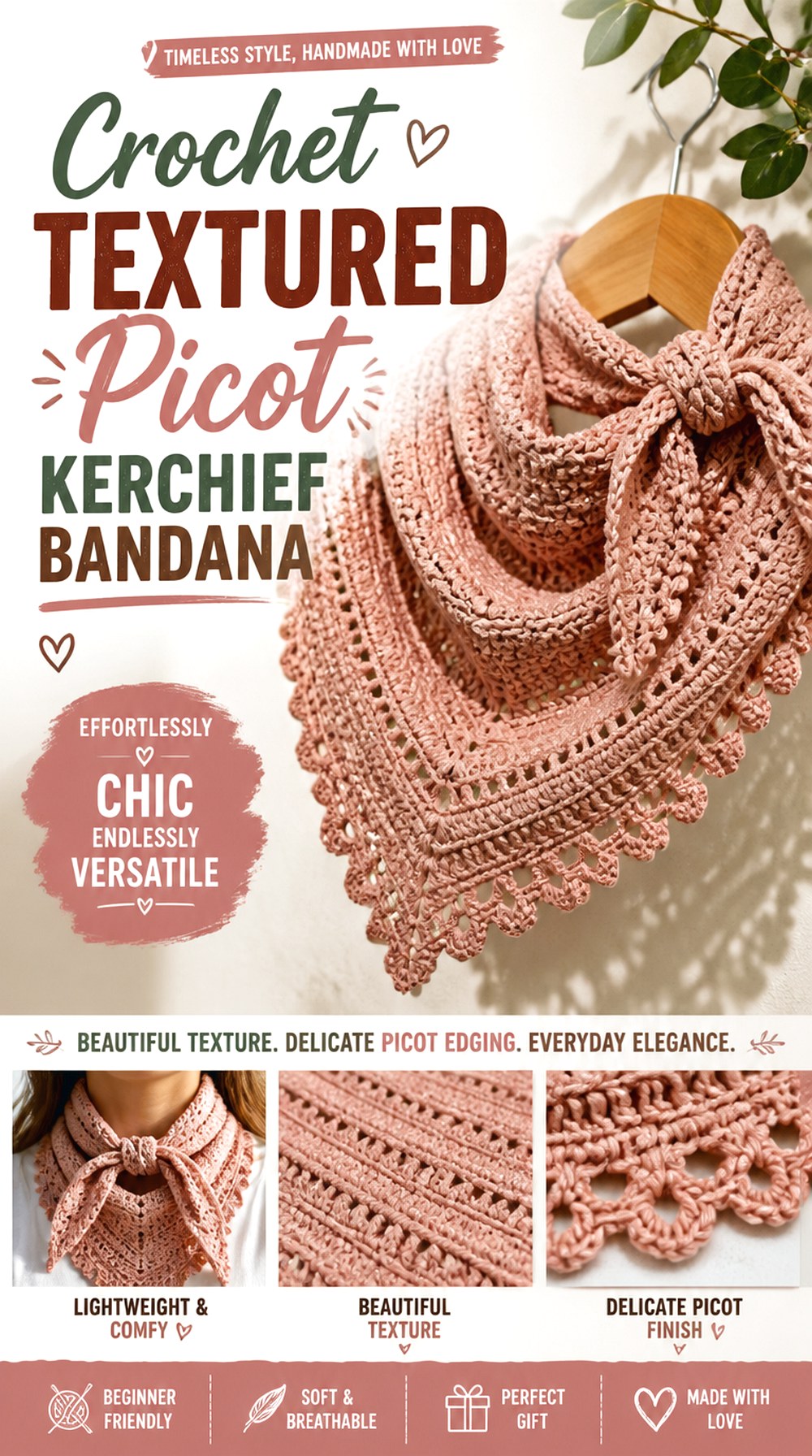 Crochet Textured Picot Kerchief Bandana