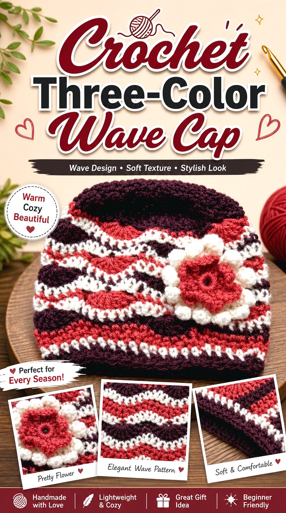 Crochet Three Color Wave Cap