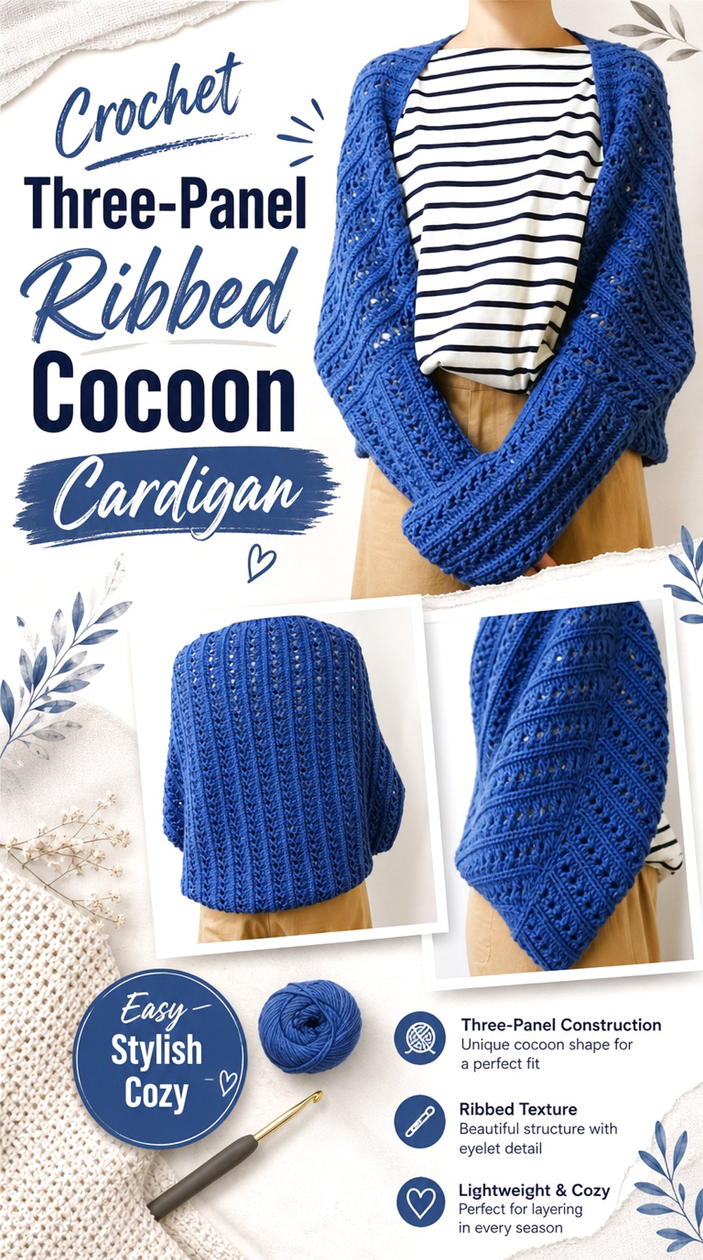 Crochet Three Panel Ribbed Cocoon Cardigan