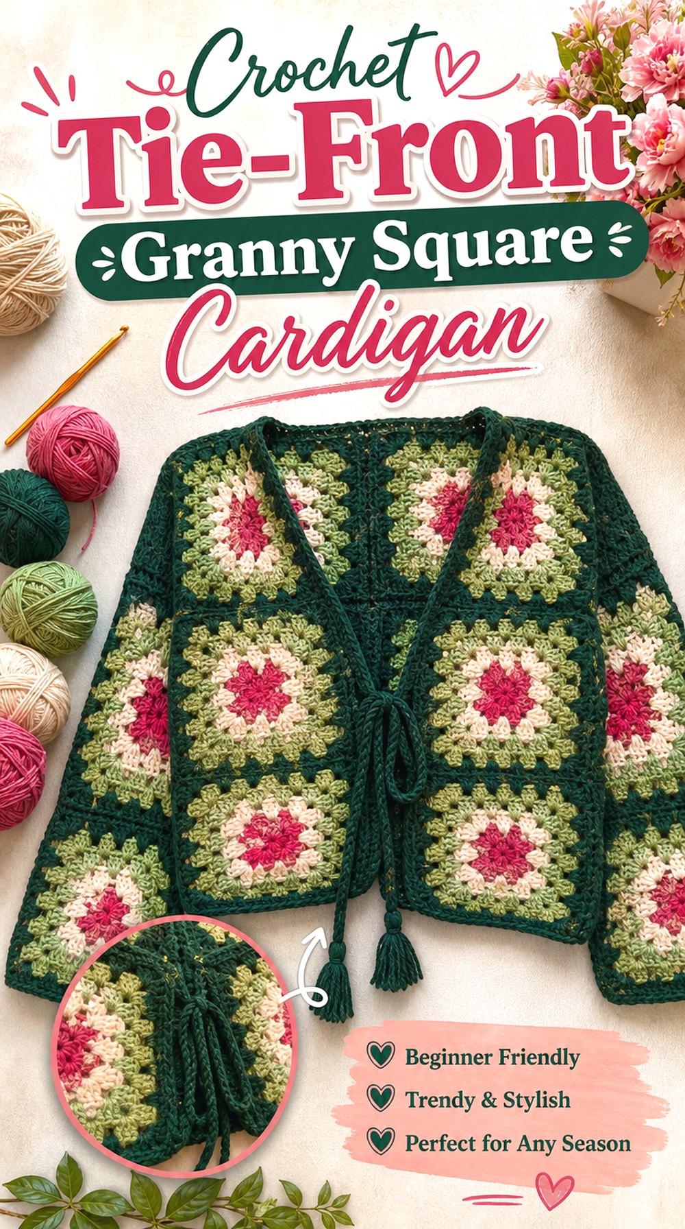 Crochet Tie Front Granny Square Cardigan