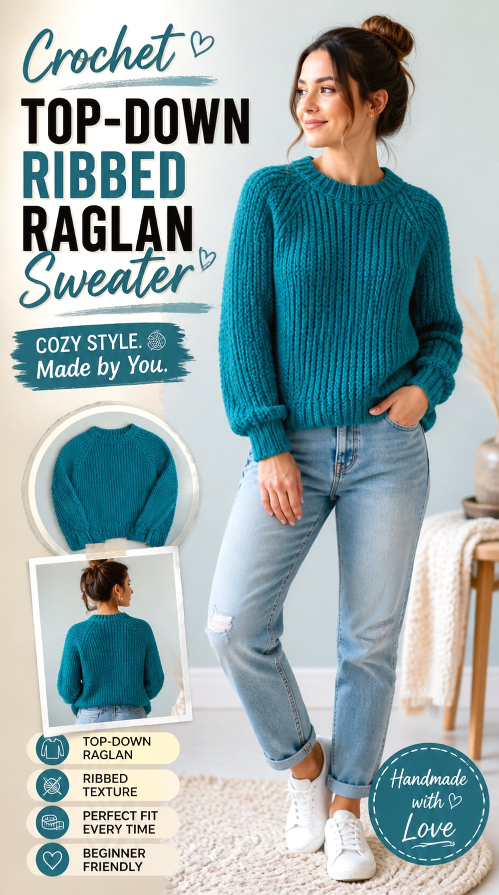 Crochet Top Down Ribbed Raglan Sweater