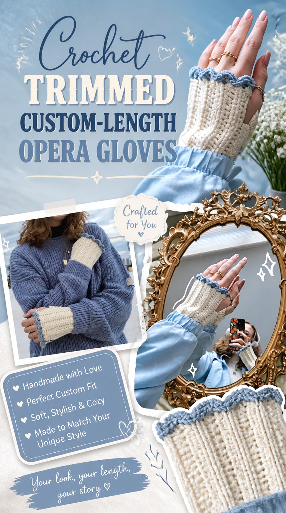 Crochet Trimmed Custom Length Opera Gloves