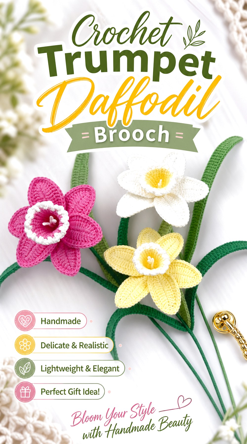 Crochet Trumpet Daffodil Brooch