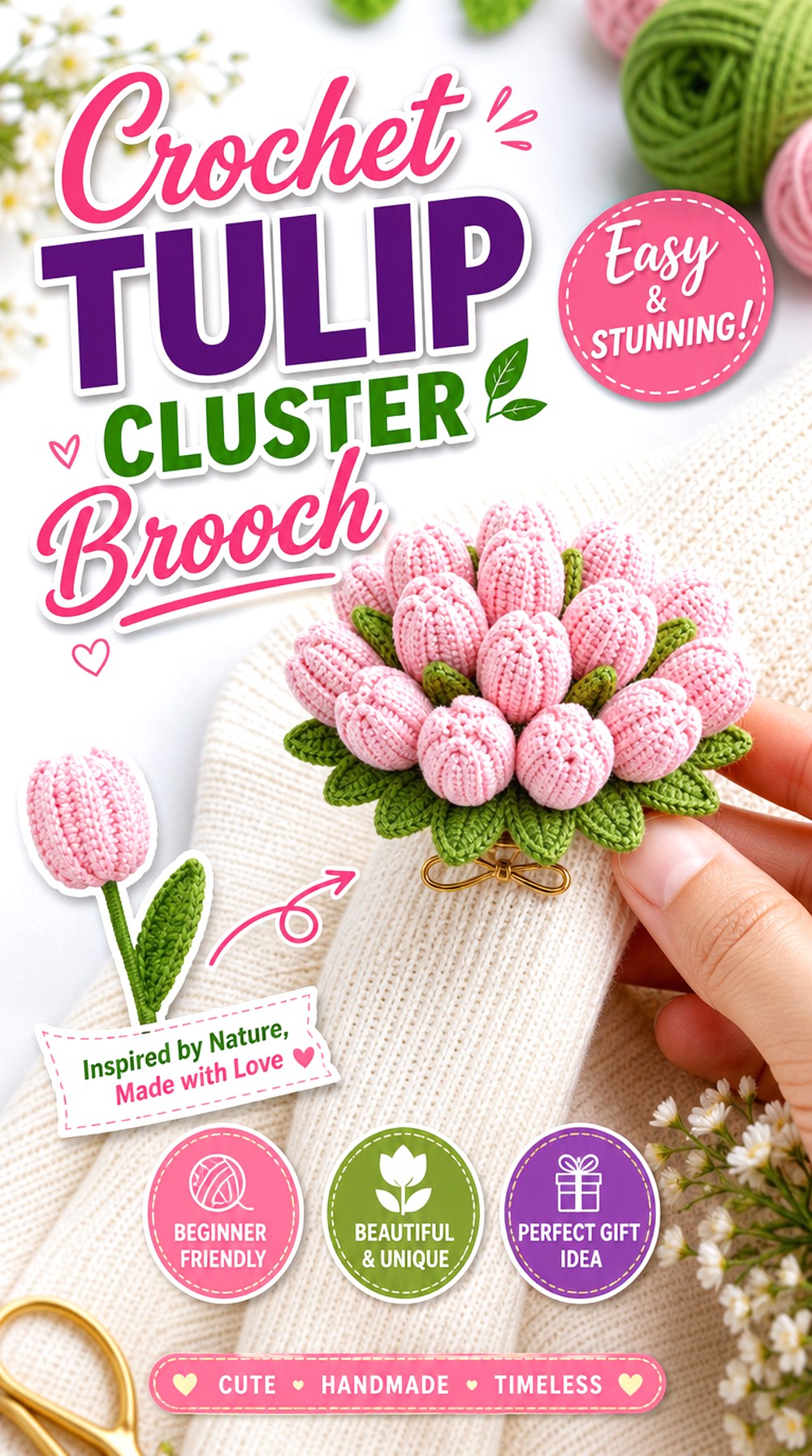 Crochet Tulip Cluster Brooch