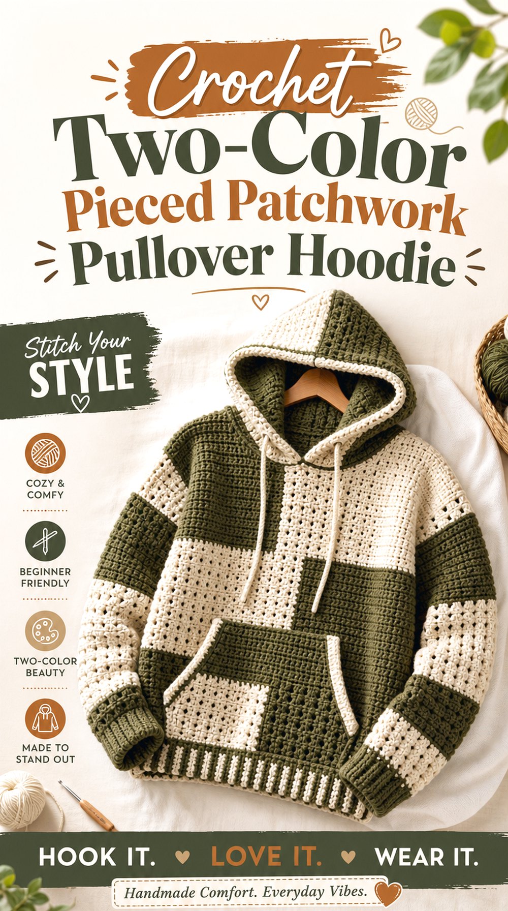 Crochet Two Color Pieced Patchwork Pullover Hoodie