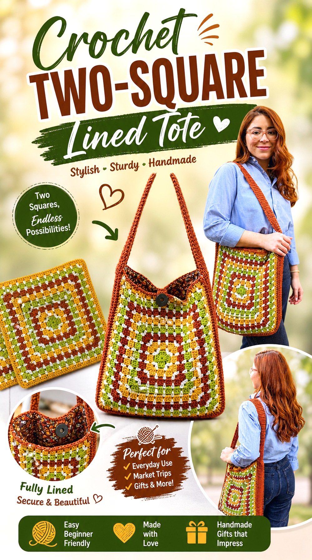 Crochet Two Square Lined Tote