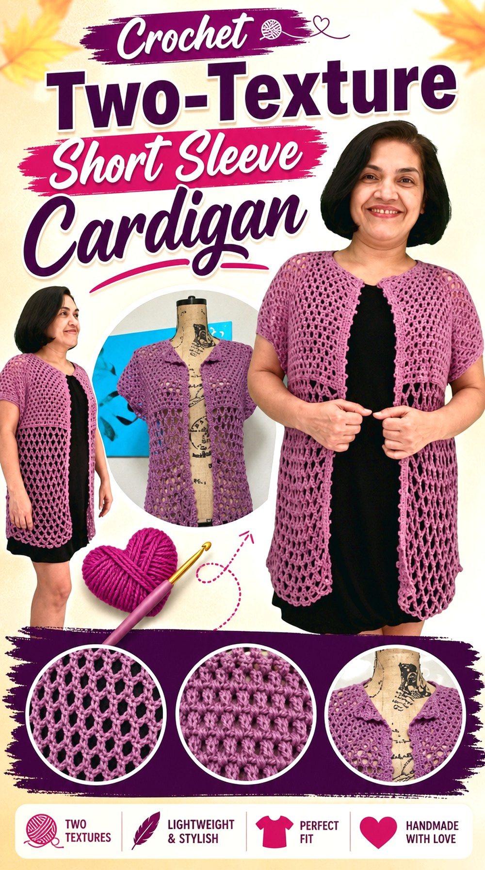 Crochet Two Texture Short Sleeve Cardigan
