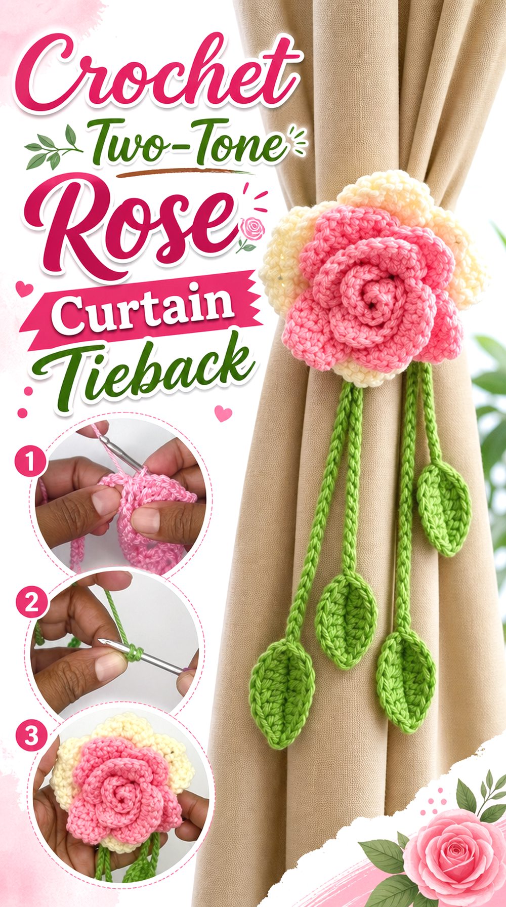 Crochet Two Tone Rose Curtain Tieback