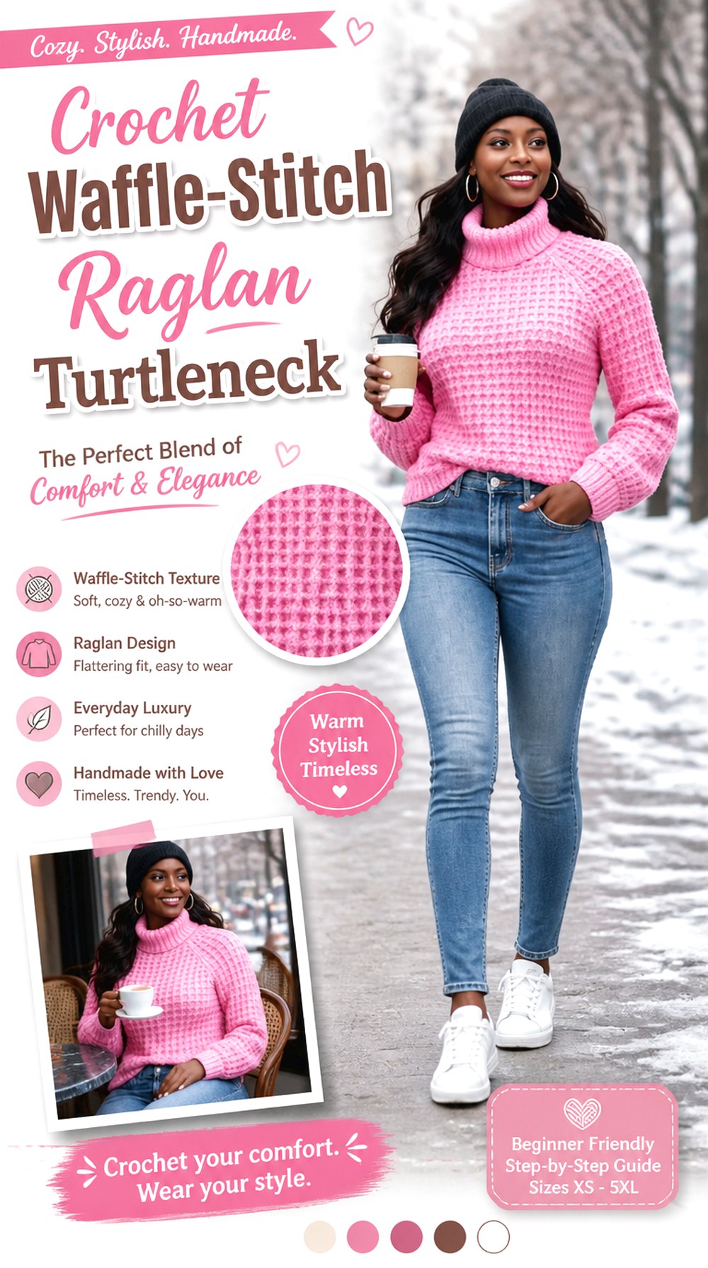 Crochet Waffle Stitch Raglan Turtleneck