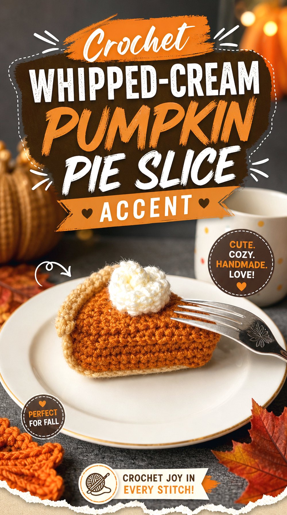 Crochet Whipped Cream Pumpkin Pie Slice Accent