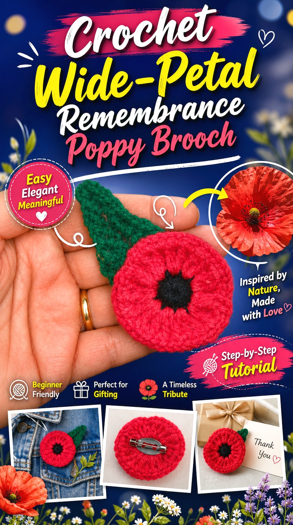Crochet Wide Petal Remembrance Poppy Brooch
