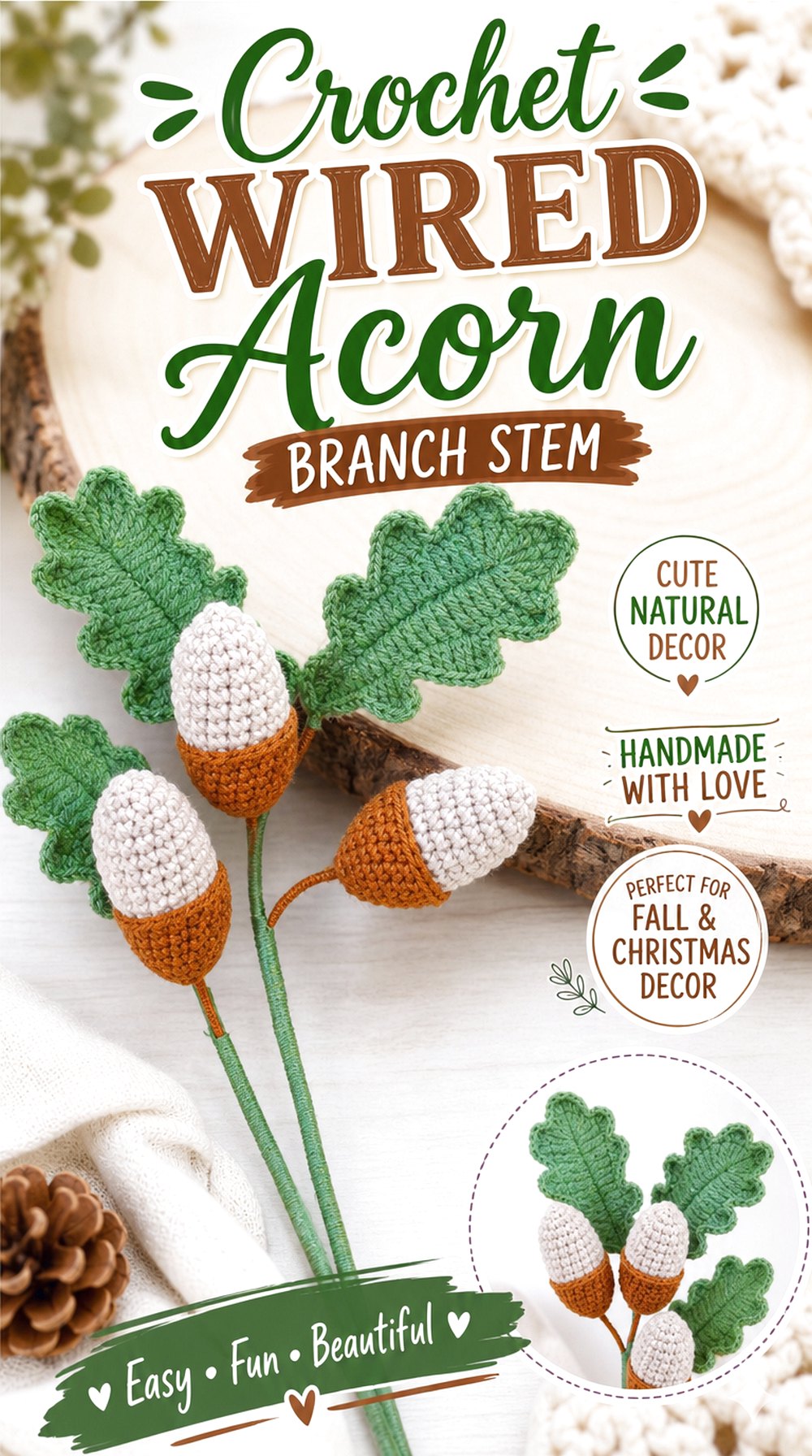 Crochet Wired Acorn Branch Stem