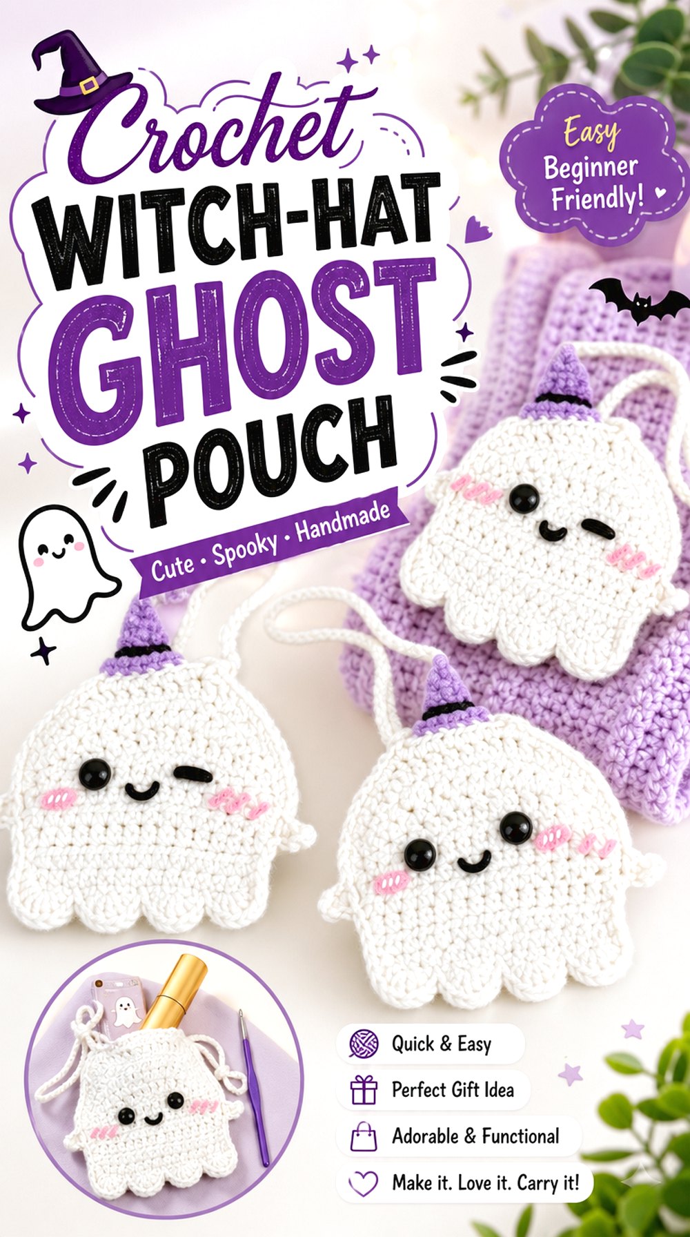 Crochet Witch Hat Ghost Pouch