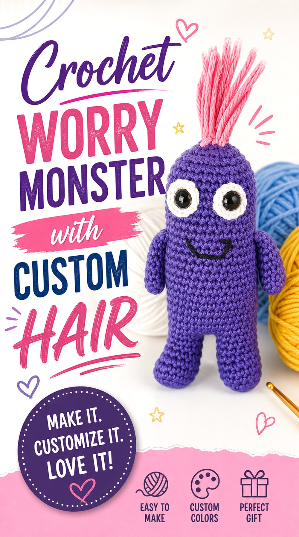 Crochet Worry Monster with Custom Hair