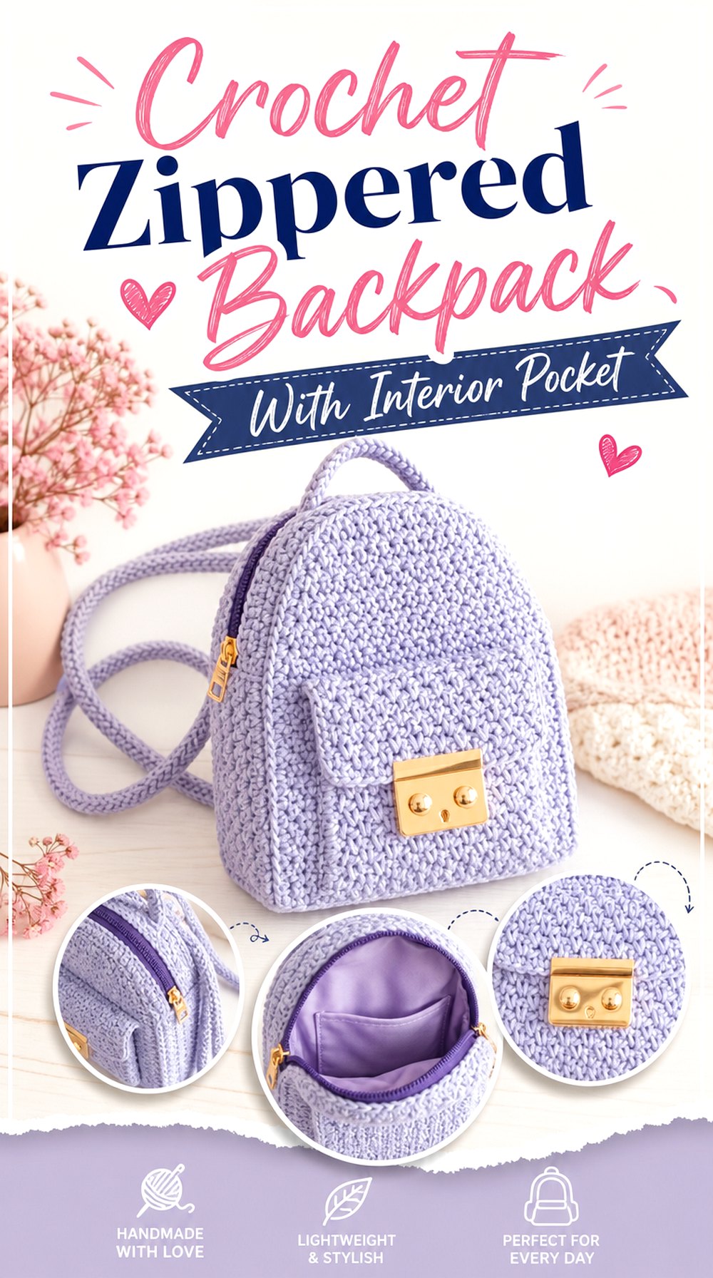Crochet Zippered Backpack With Interior Pocket