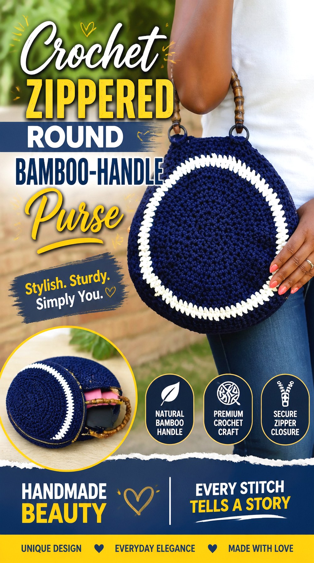 Crochet Zippered Round Bamboo Handle Purse