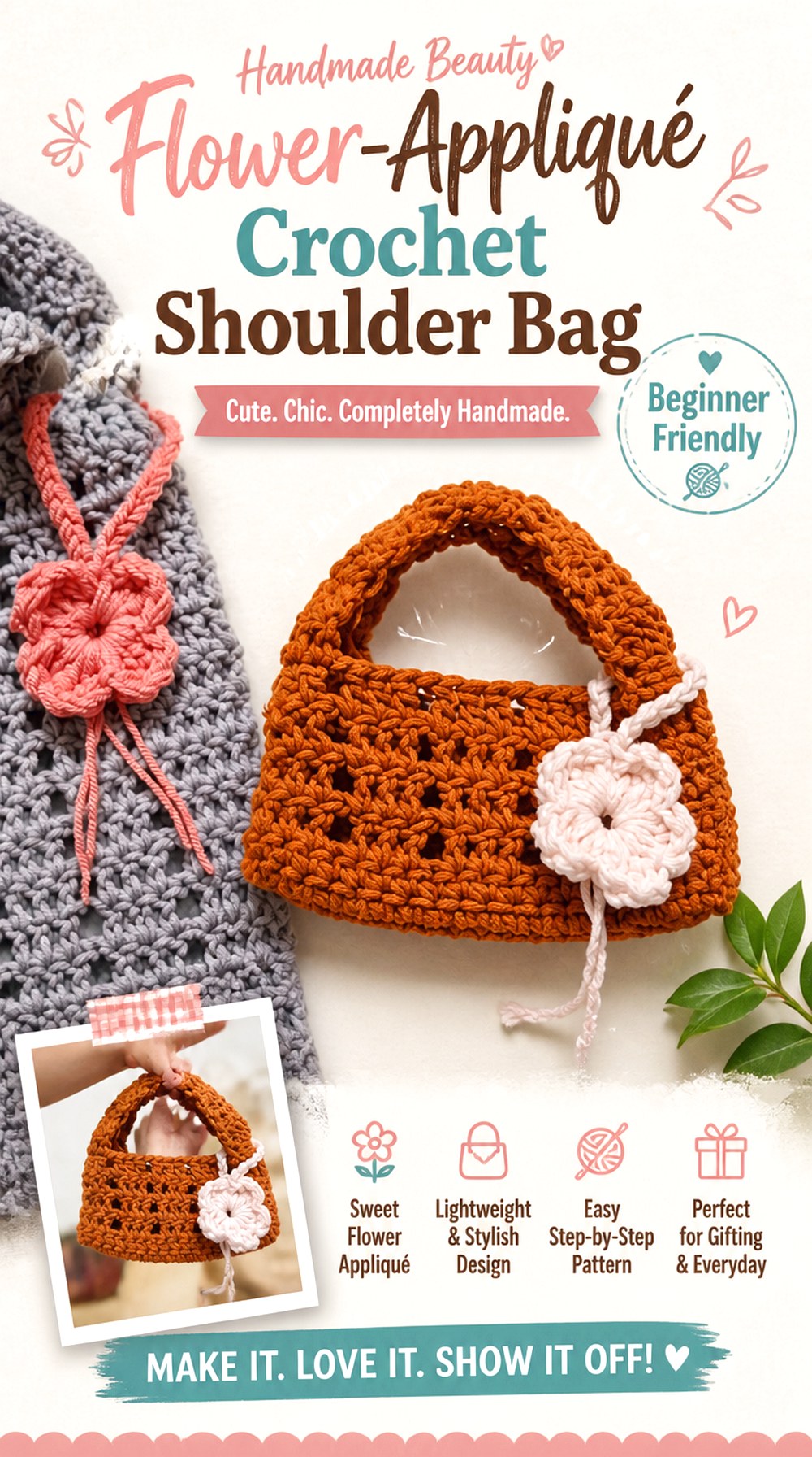 Flower Appliqué Crochet Shoulder Bag