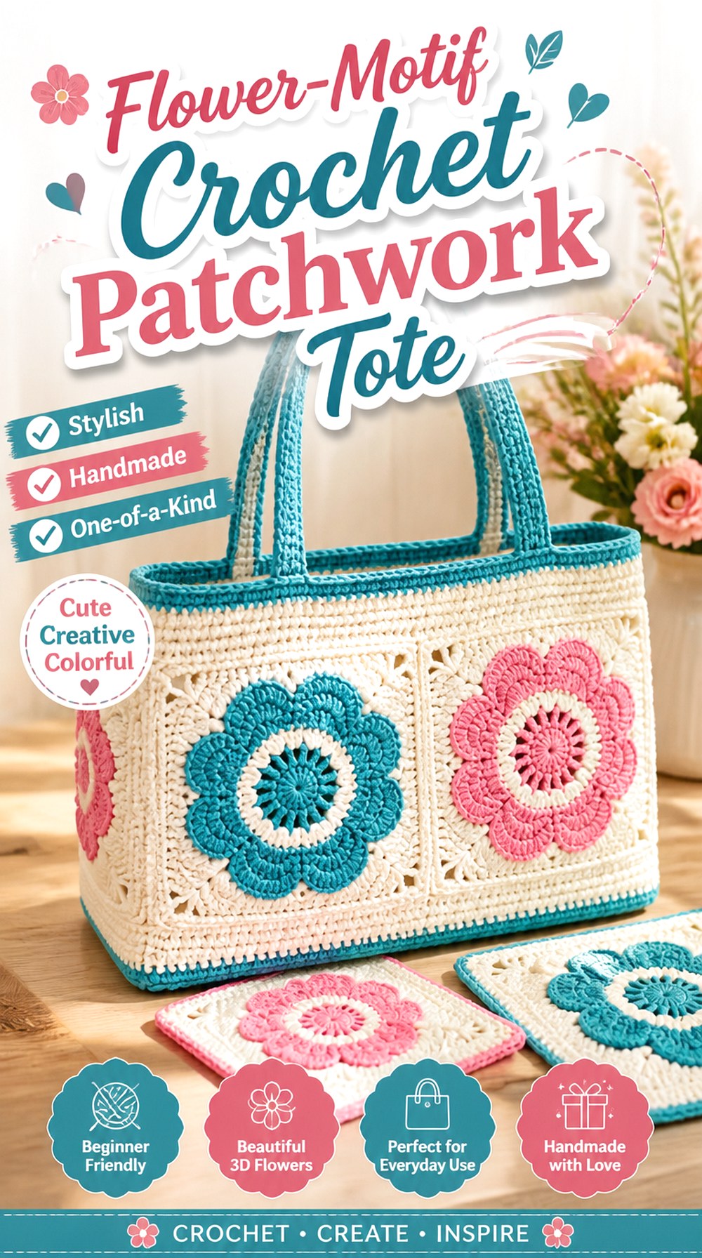 Flower Motif Crochet Patchwork Tote