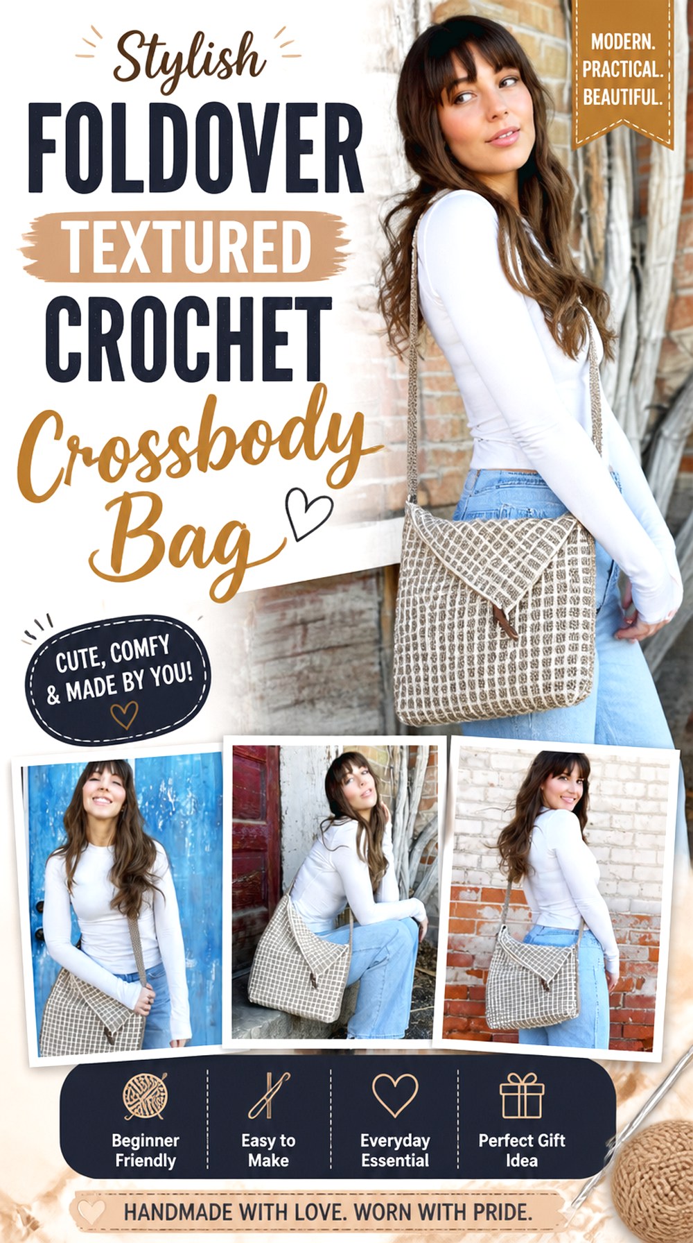 Foldover Textured Crochet Crossbody Bag