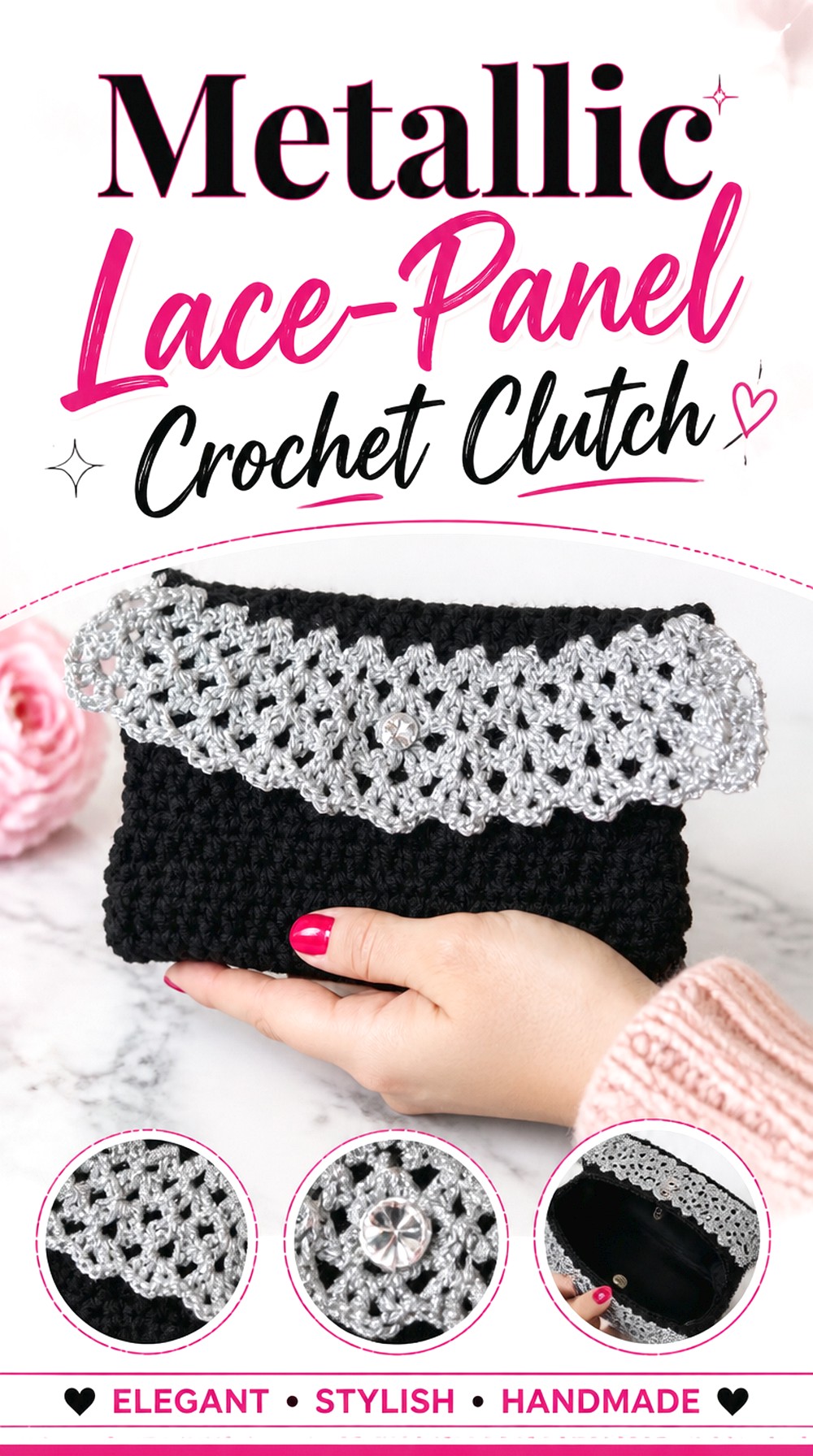 Metallic Lace Panel Crochet Clutch