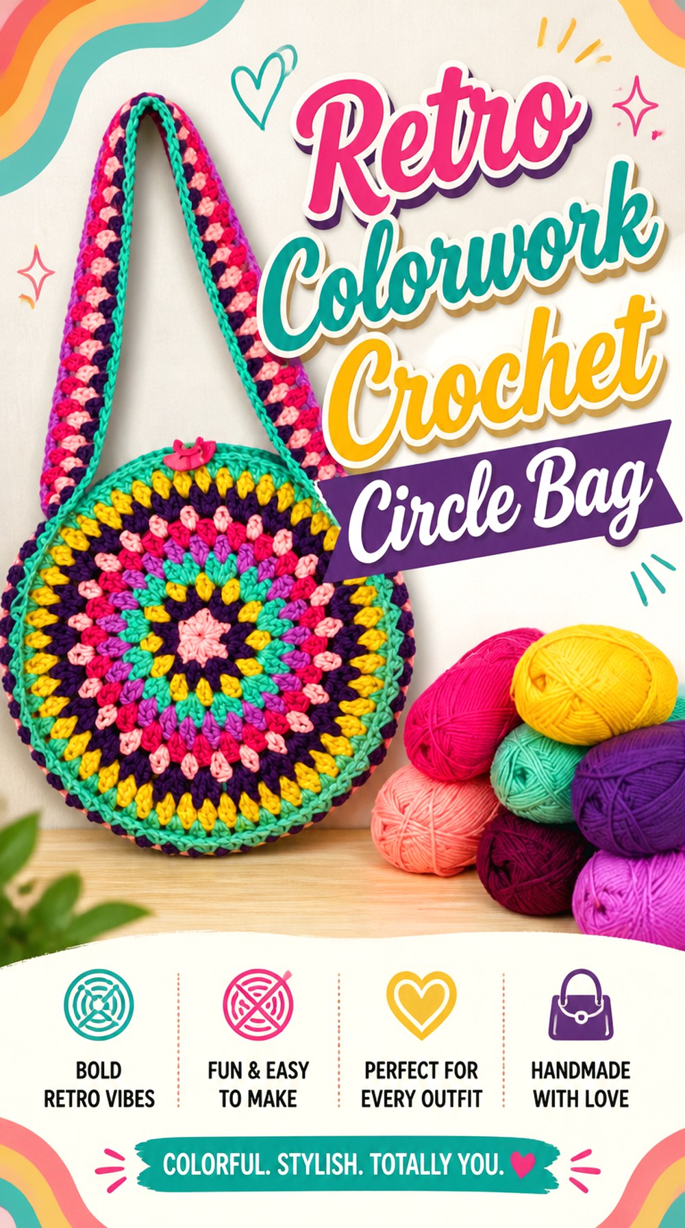 Retro Colorwork Crochet Circle Bag