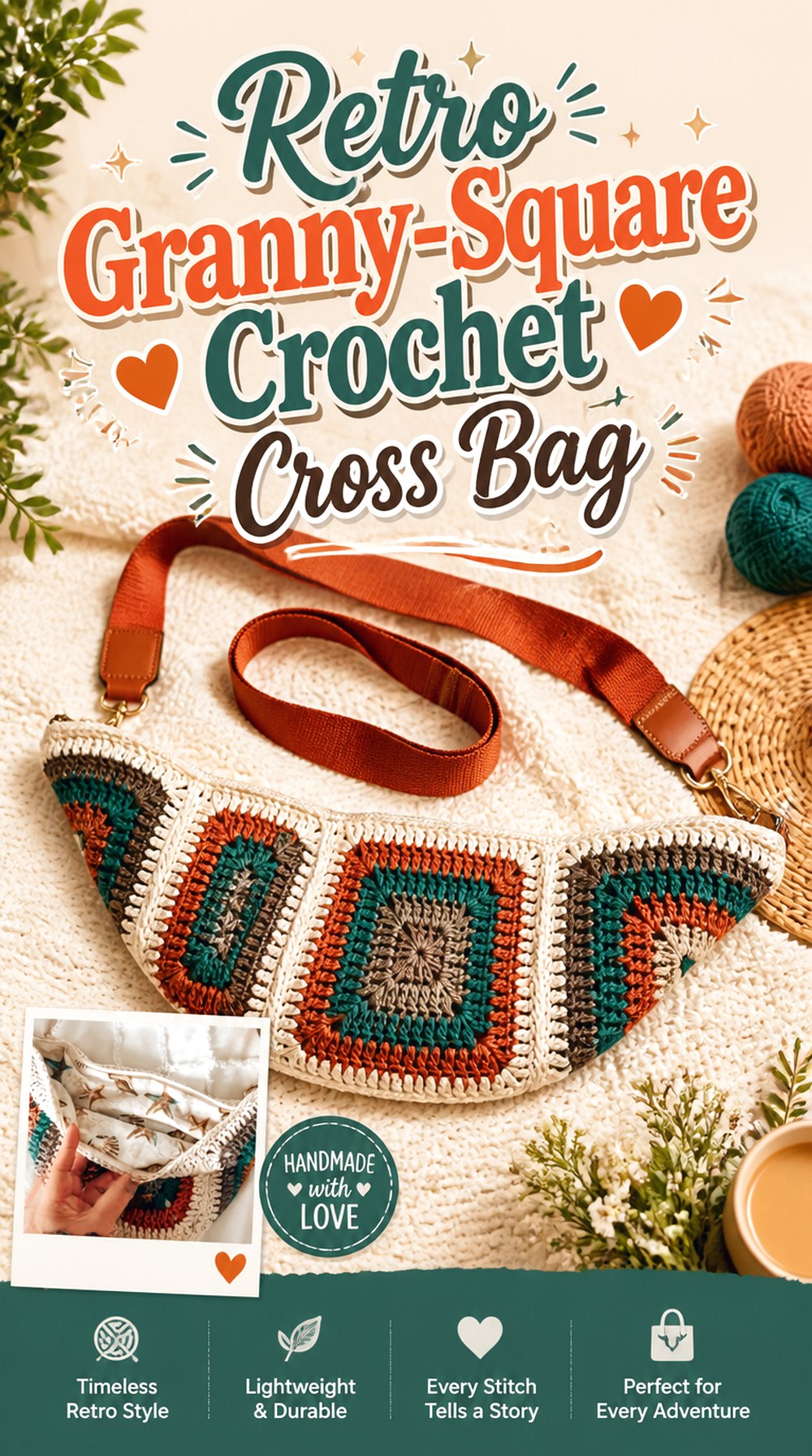 Retro Granny Square Crochet Cross Bag
