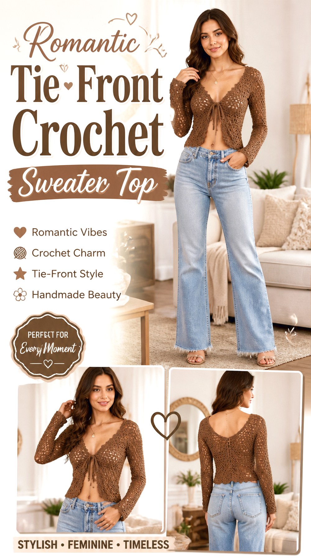 Romantic Tie Front Crochet Sweater Top