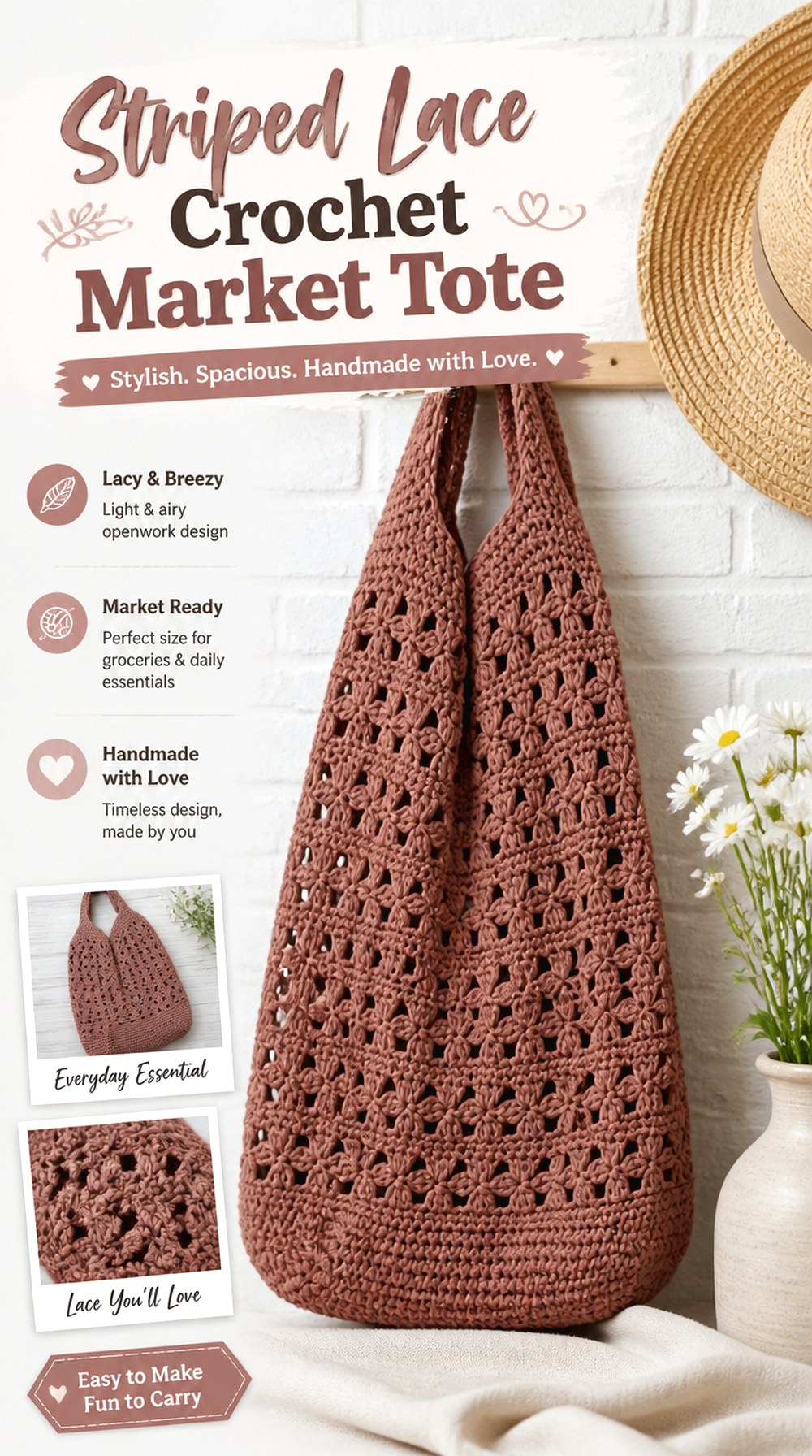 Striped Lace Crochet Market Tote
