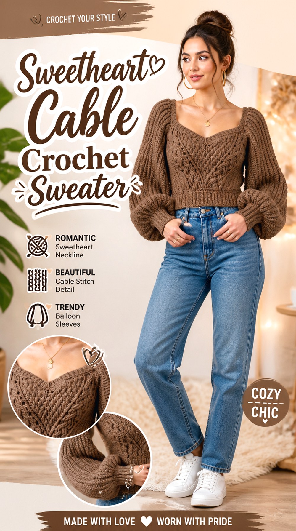 Sweetheart Cable Crochet Sweater