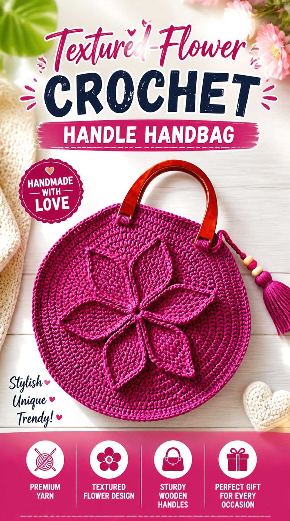 Textured Flower Crochet Handle Handbag