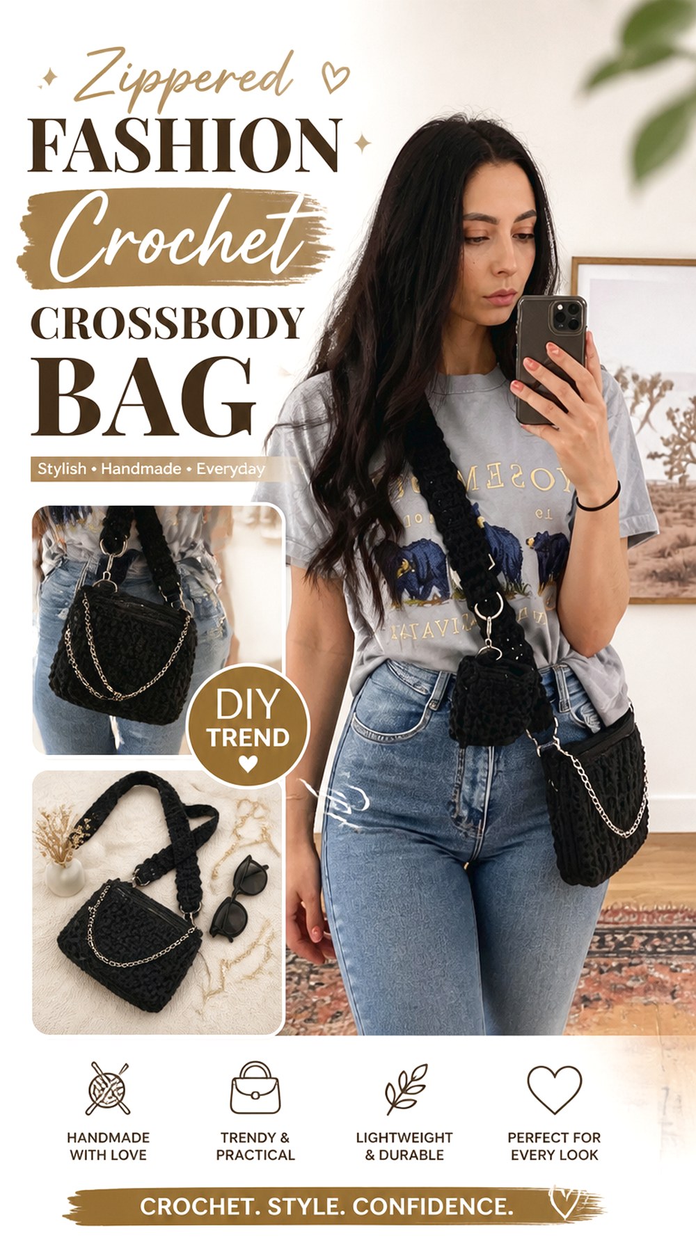 Zippered Fashion Crochet Crossbody Bag