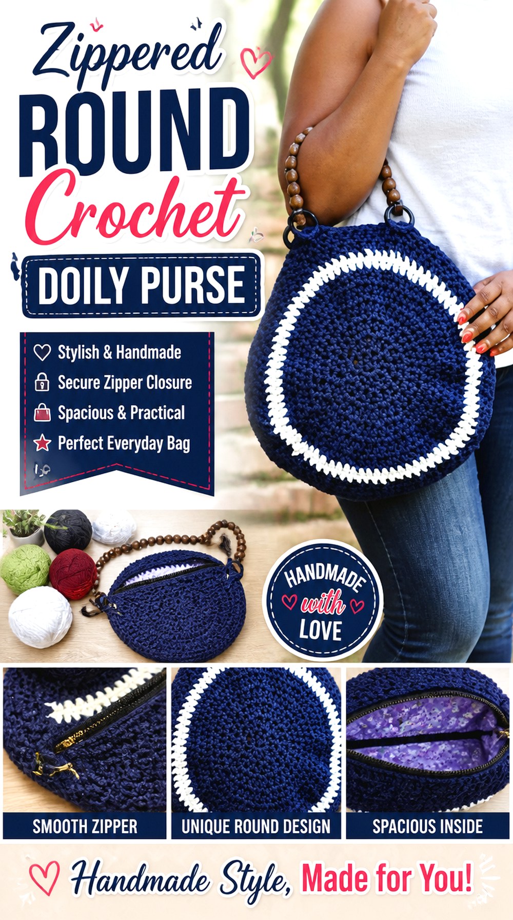 Zippered Round Crochet Doily Purse